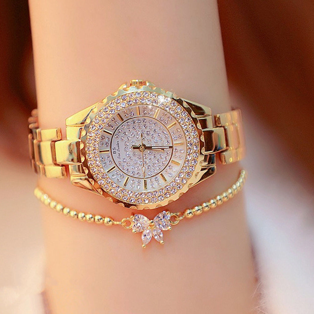 Women Quartz Watch Shiny Diamond Inlaid Rose Gold And Silver Round Dial Wristwatch Matching Versatile Diamond Butterfly Bracelet Set