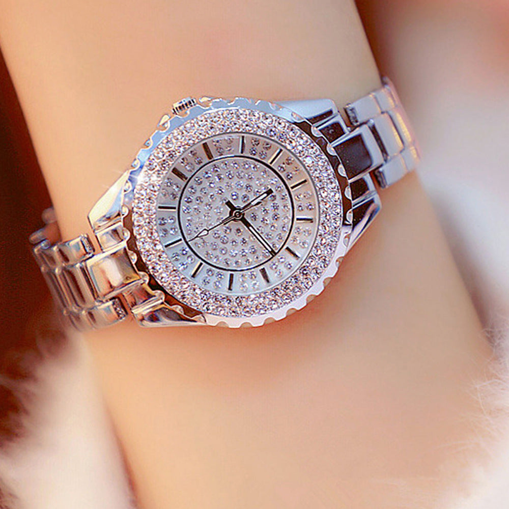 Women Quartz Watch Shiny Diamond Inlaid Rose Gold And Silver Round Dial Wristwatch Matching Versatile Diamond Butterfly Bracelet Set