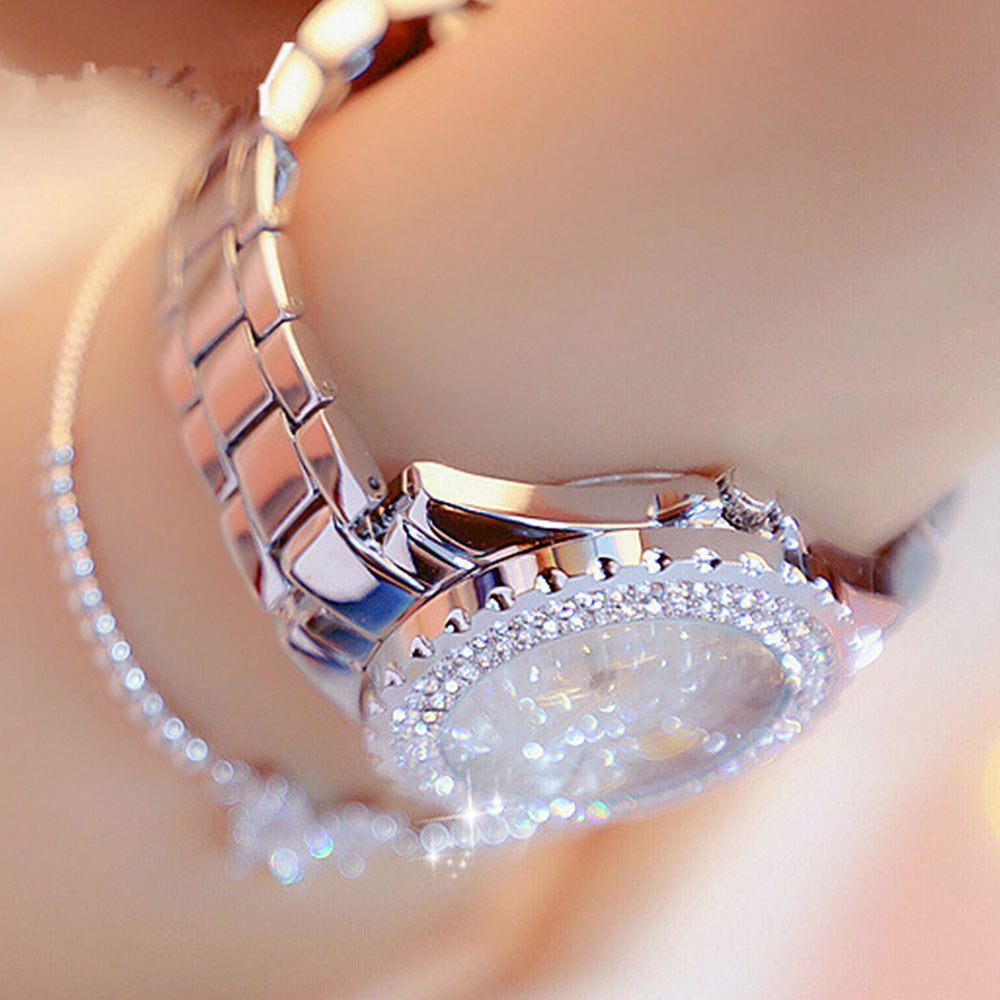 Women Quartz Watch Shiny Diamond Inlaid Rose Gold And Silver Round Dial Wristwatch Matching Versatile Diamond Butterfly Bracelet Set