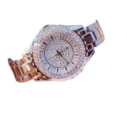 Women Quartz Watch Shiny Diamond Inlaid Rose Gold And Silver Round Dial Wristwatch Matching Versatile Diamond Butterfly Bracelet Set