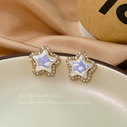 Shiny Zircon Pearl Star Stud Earrings Petite Fairy Tale Jewelry For Women