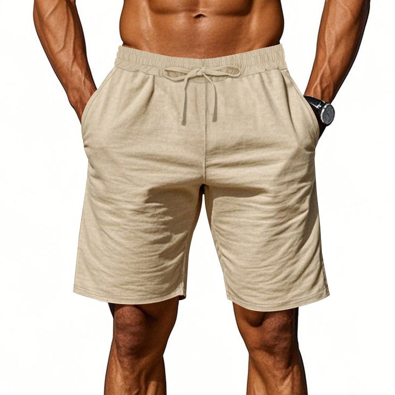 Men's Casual Khaki Linen Shorts Co-ord Set With V Neck Long Sleeve Top And Shorts