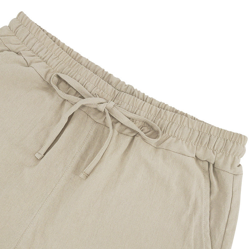 Men's Casual Khaki Linen Shorts Co-ord Set With V Neck Long Sleeve Top And Shorts