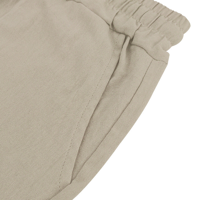 Men's Casual Khaki Linen Shorts Co-ord Set With V Neck Long Sleeve Top And Shorts