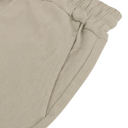 Men's Casual Khaki Linen Shorts Co-ord Set With V Neck Long Sleeve Top And Shorts