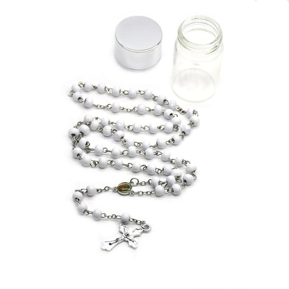 Maillard Style Cross Rosary Necklace With Blue Stoving Varnish Plastic And Wood Pendant On Ball Chain