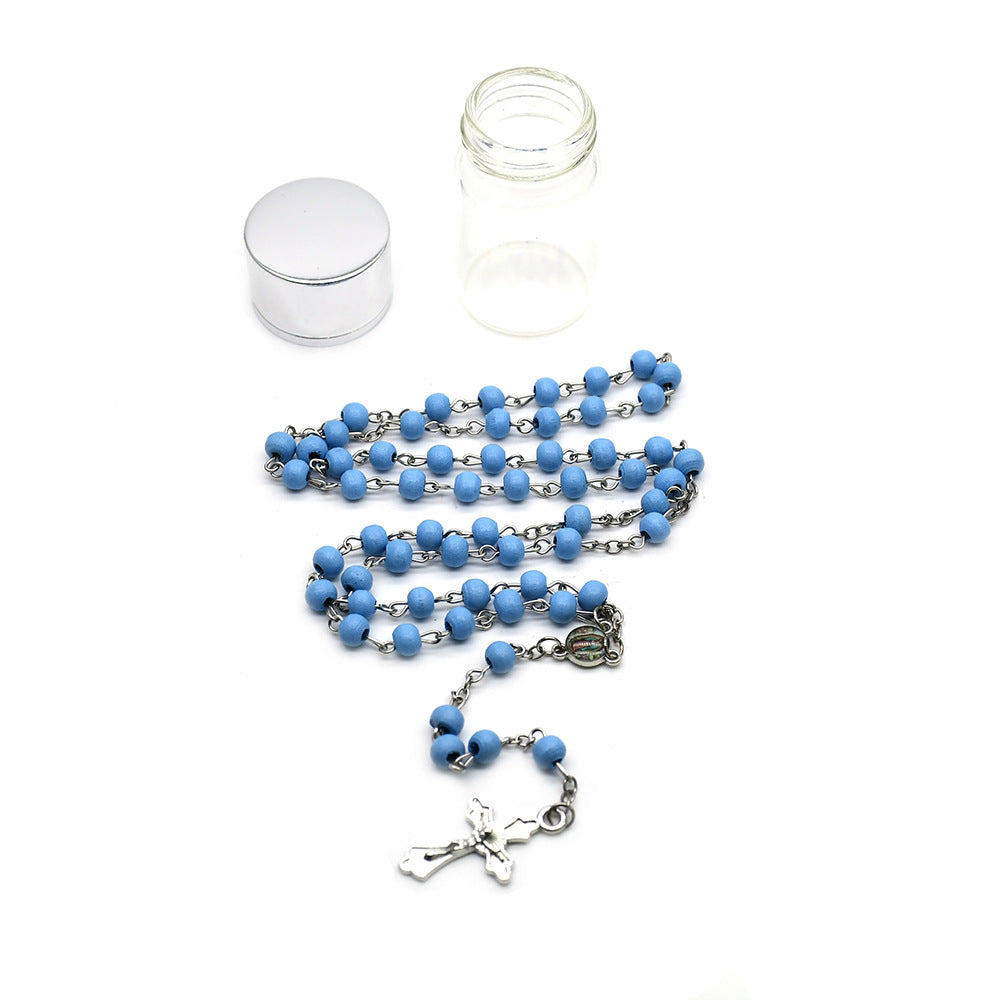 Maillard Style Cross Rosary Necklace With Blue Stoving Varnish Plastic And Wood Pendant On Ball Chain