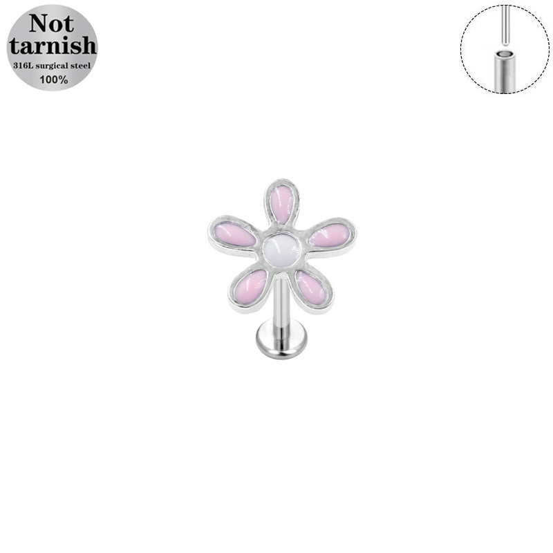 Three-dimensional Flowers Titanium Steel Lip Ring With Platinum Plating And Zircon Inlay, 1 PCS Package, Unisex
