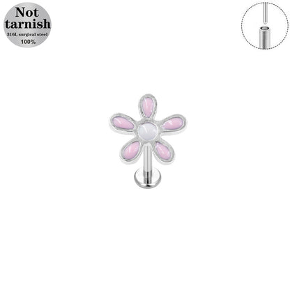 Three-dimensional Flowers Titanium Steel Lip Ring With Platinum Plating And Zircon Inlay, 1 PCS Package, Unisex
