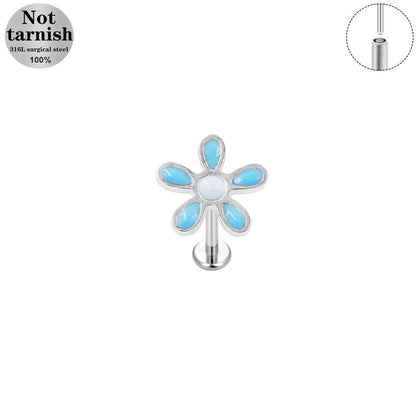 Three-dimensional Flowers Titanium Steel Lip Ring With Platinum Plating And Zircon Inlay, 1 PCS Package, Unisex