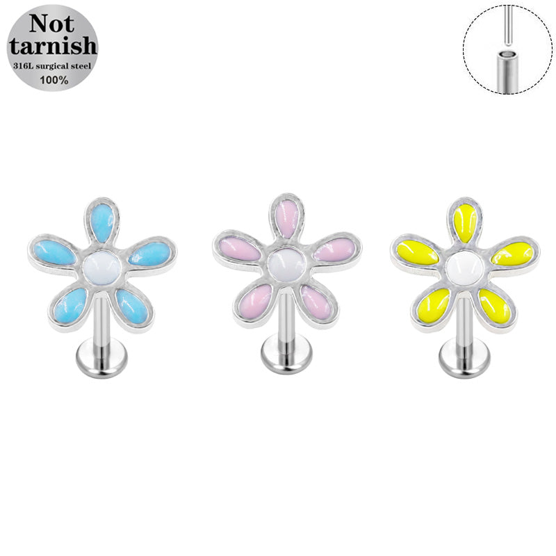 Three-dimensional Flowers Titanium Steel Lip Ring With Platinum Plating And Zircon Inlay, 1 PCS Package, Unisex