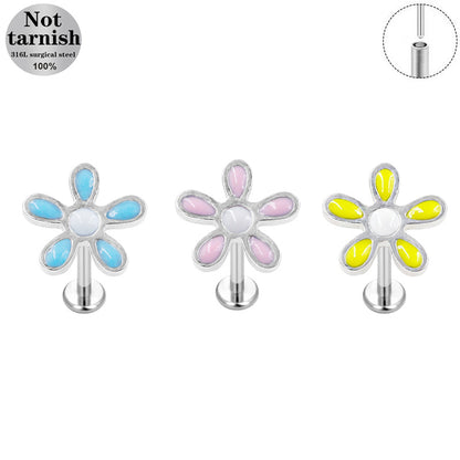 Three-dimensional Flowers Titanium Steel Lip Ring With Platinum Plating And Zircon Inlay, 1 PCS Package, Unisex