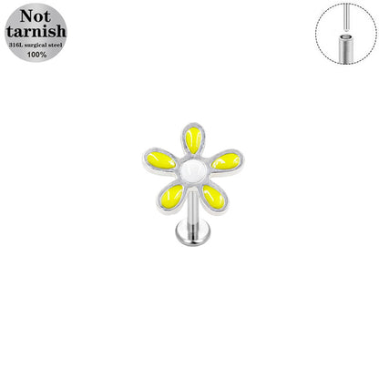Three-dimensional Flowers Titanium Steel Lip Ring With Platinum Plating And Zircon Inlay, 1 PCS Package, Unisex