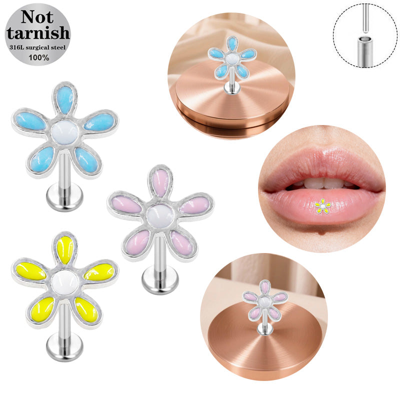 Three-dimensional Flowers Titanium Steel Lip Ring With Platinum Plating And Zircon Inlay, 1 PCS Package, Unisex