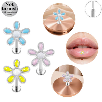 Three-dimensional Flowers Titanium Steel Lip Ring With Platinum Plating And Zircon Inlay, 1 PCS Package, Unisex