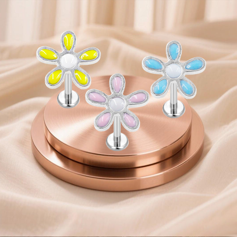 Three-dimensional Flowers Titanium Steel Lip Ring With Platinum Plating And Zircon Inlay, 1 PCS Package, Unisex