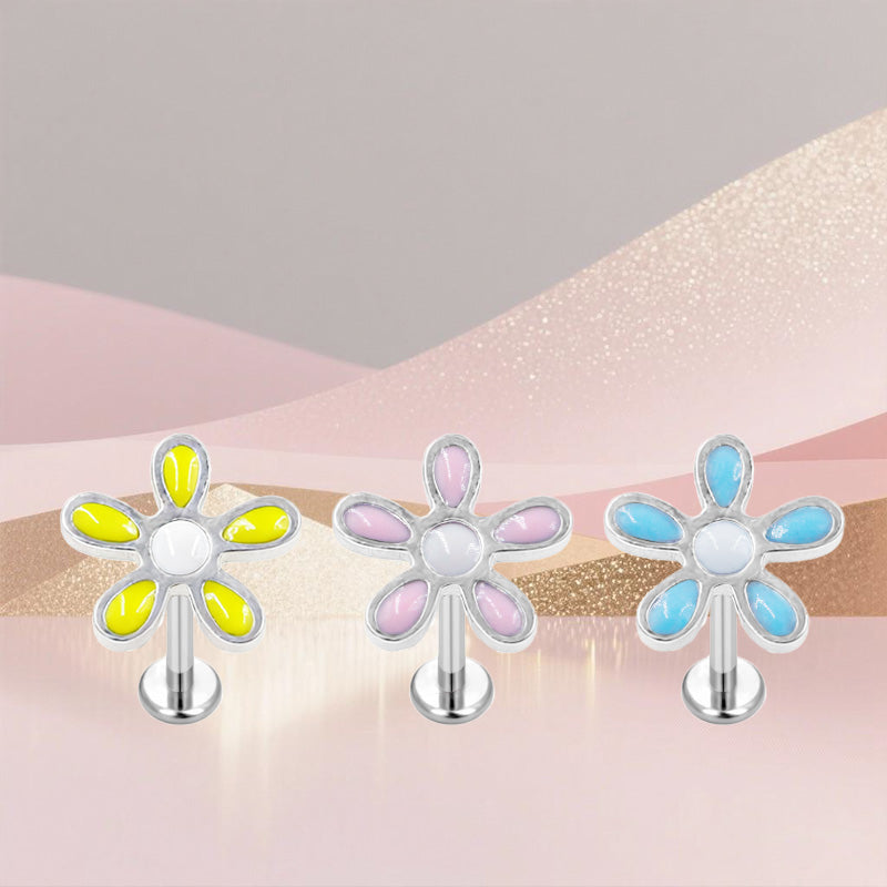 Three-dimensional Flowers Titanium Steel Lip Ring With Platinum Plating And Zircon Inlay, 1 PCS Package, Unisex