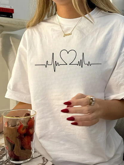 Heart Shape Simple Style Cotton Short Sleeve T-shirt Featuring Printing