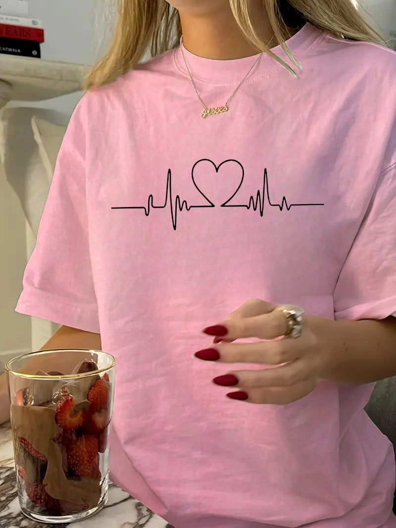 Heart Shape Simple Style Cotton Short Sleeve T-shirt Featuring Printing