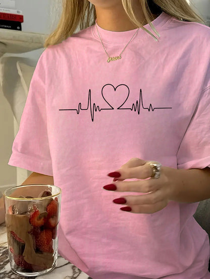 Heart Shape Simple Style Cotton Short Sleeve T-shirt Featuring Printing