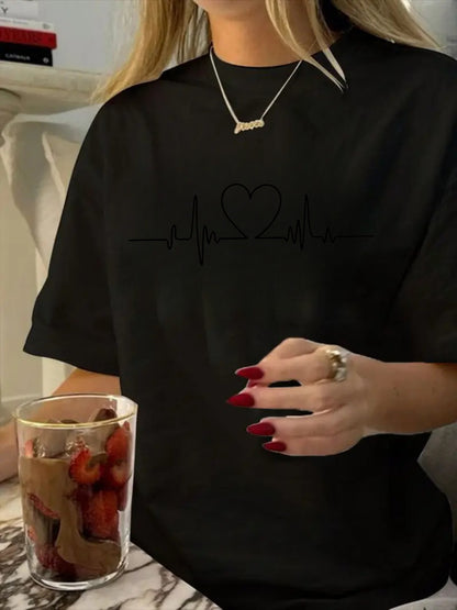 Heart Shape Simple Style Cotton Short Sleeve T-shirt Featuring Printing