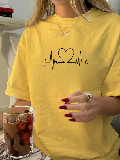 Heart Shape Simple Style Cotton Short Sleeve T-shirt Featuring Printing