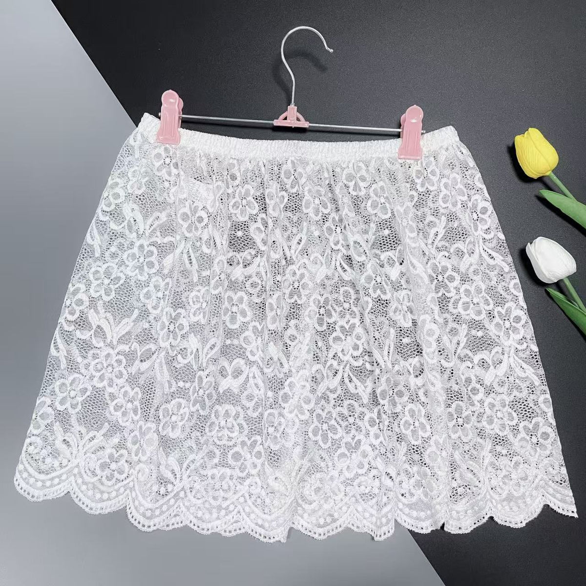 Solid Color Nylon Streetwear Skirt With Lace Craft, Regular Fit, Irregular Hem, Perfect For Summer