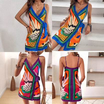 Floral Sleeveless V Neck Casual Regular Dress In Polyester Fabric With Above Knee Length