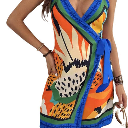 Floral Sleeveless V Neck Casual Regular Dress In Polyester Fabric With Above Knee Length