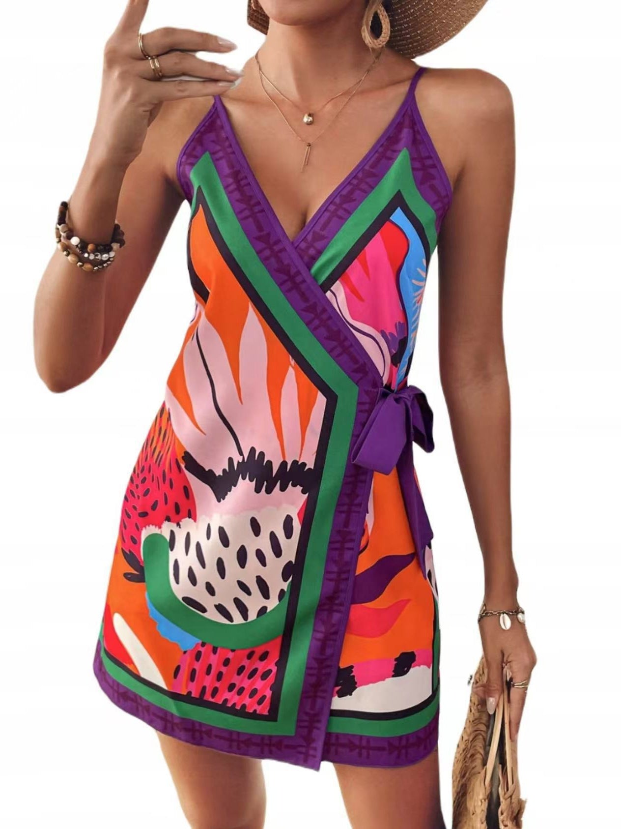 Floral Sleeveless V Neck Casual Regular Dress In Polyester Fabric With Above Knee Length
