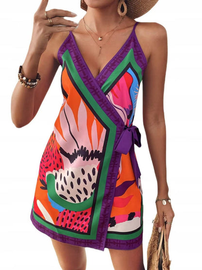 Floral Sleeveless V Neck Casual Regular Dress In Polyester Fabric With Above Knee Length