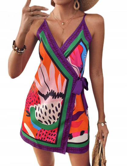 Floral Sleeveless V Neck Casual Regular Dress In Polyester Fabric With Above Knee Length