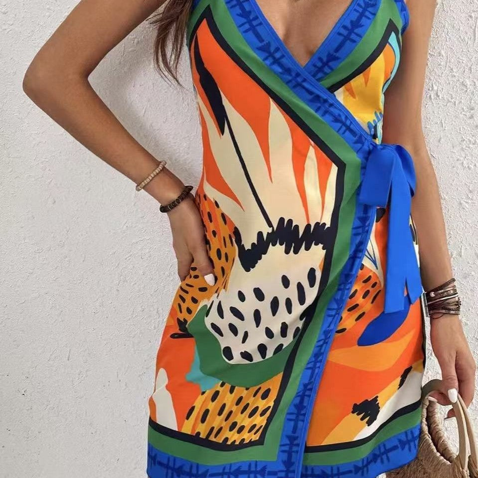 Floral Sleeveless V Neck Casual Regular Dress In Polyester Fabric With Above Knee Length