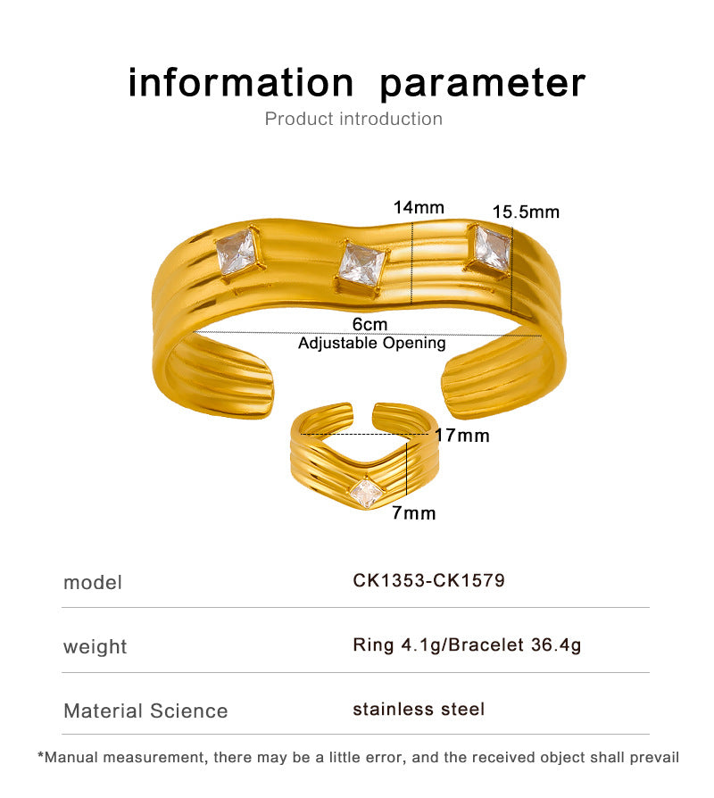 Women’s Titanium Steel Bangle With Golden Plated Finish And Zircon Inlay Featuring Elegant Line Pattern