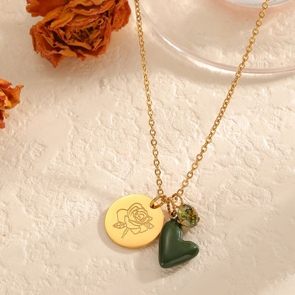 Lotus Rose Pink Purple Blue White Green Zircon Stainless Steel Birthday Flower Pendant Necklace Women's Jewelry