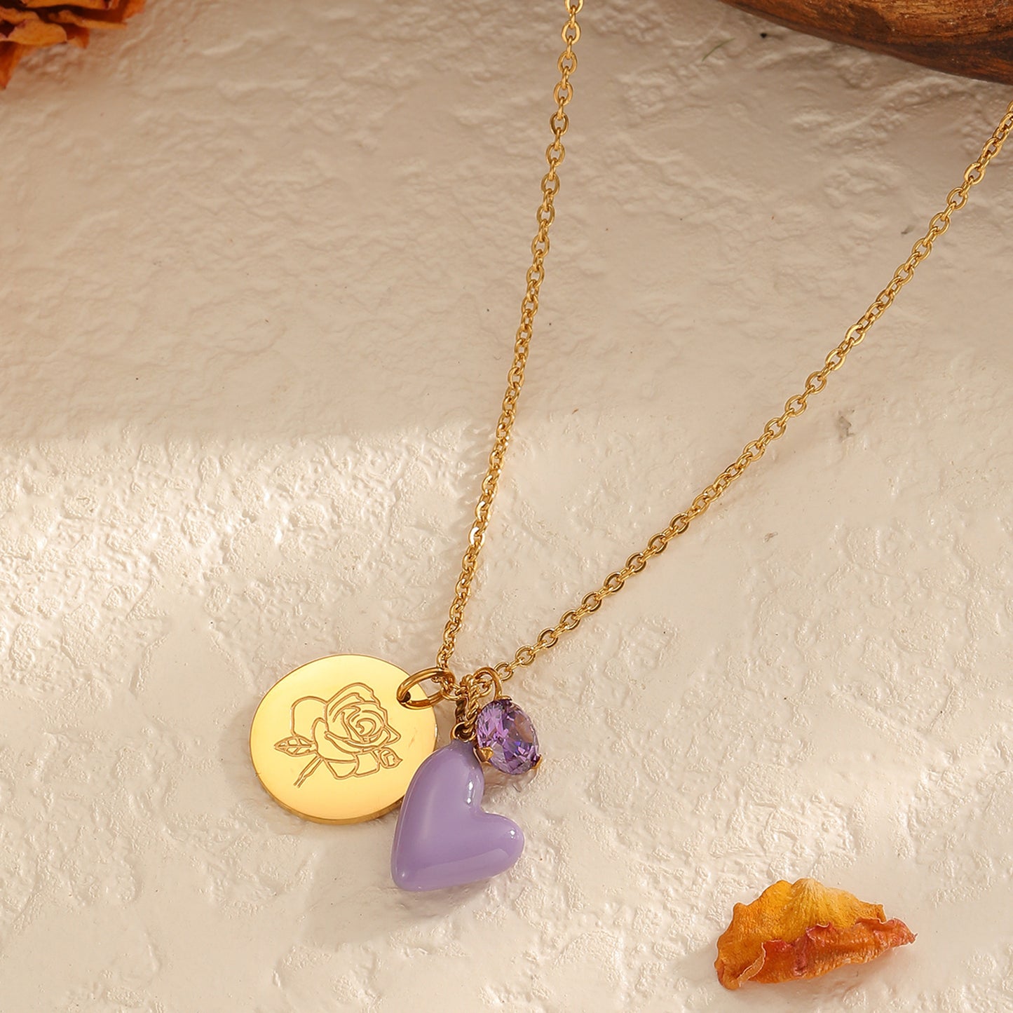 Lotus Rose Pink Purple Blue White Green Zircon Stainless Steel Birthday Flower Pendant Necklace Women's Jewelry