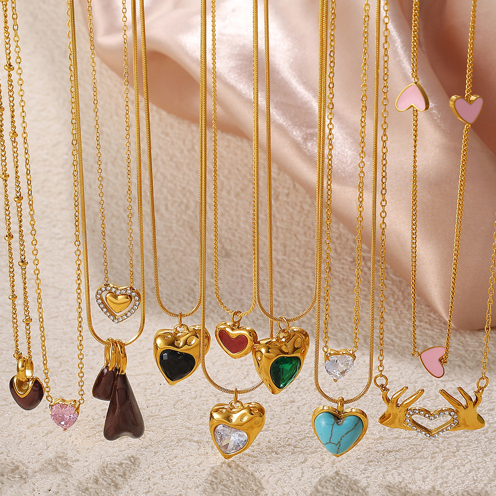 Rose Gold Plated Stainless Steel Necklace Ladies Irregular Color Collision Heart Pendant French Jewelry