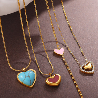 Rose Gold Plated Stainless Steel Necklace Ladies Irregular Color Collision Heart Pendant French Jewelry