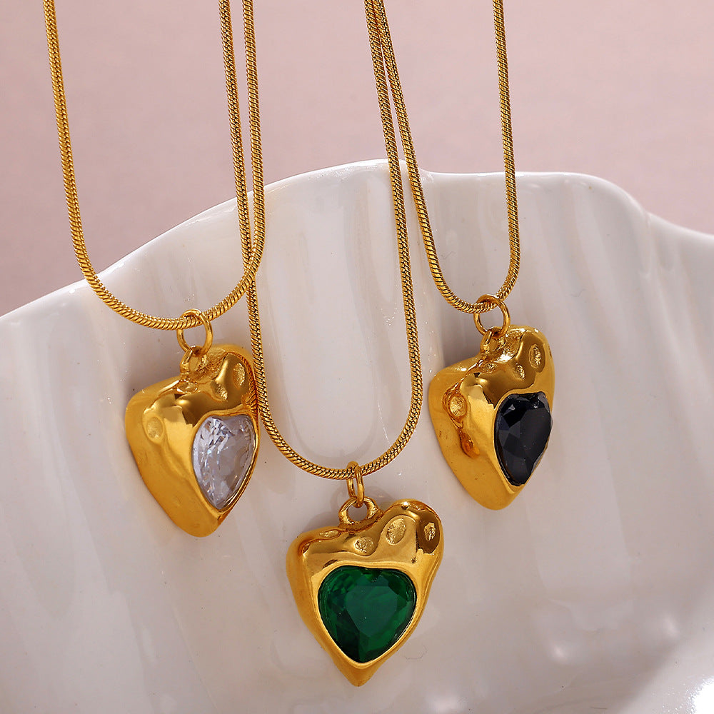 Rose Gold Plated Stainless Steel Necklace Ladies Irregular Color Collision Heart Pendant French Jewelry