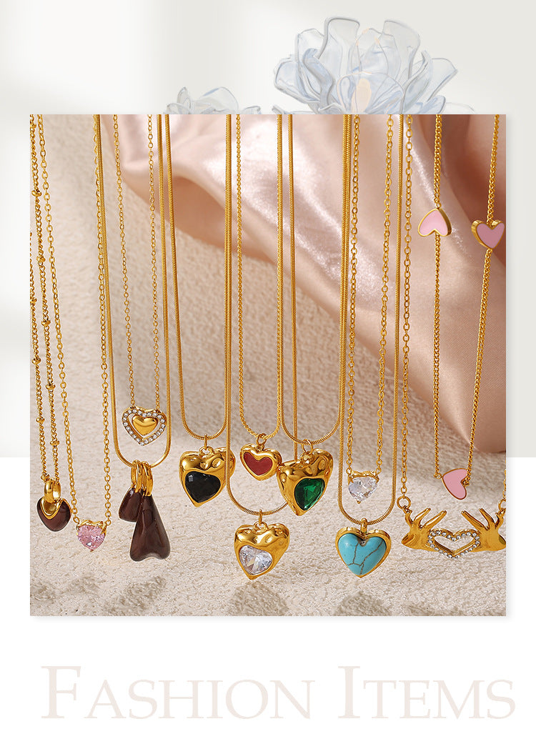 Rose Gold Plated Stainless Steel Necklace Ladies Irregular Color Collision Heart Pendant French Jewelry