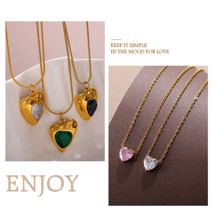 Rose Gold Plated Stainless Steel Necklace Ladies Irregular Color Collision Heart Pendant French Jewelry