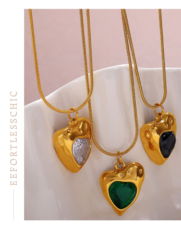 Rose Gold Plated Stainless Steel Necklace Ladies Irregular Color Collision Heart Pendant French Jewelry
