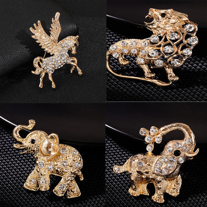 Lion Elephant Alloy Brooch With Inlaid Diamonds Clothing Accessory Animal Shape Lapel Pin