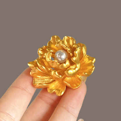 Gold Peony Brooch For Women With Pearl Decoration, Shirt Accessory, Floral Design Jewelry Brooch