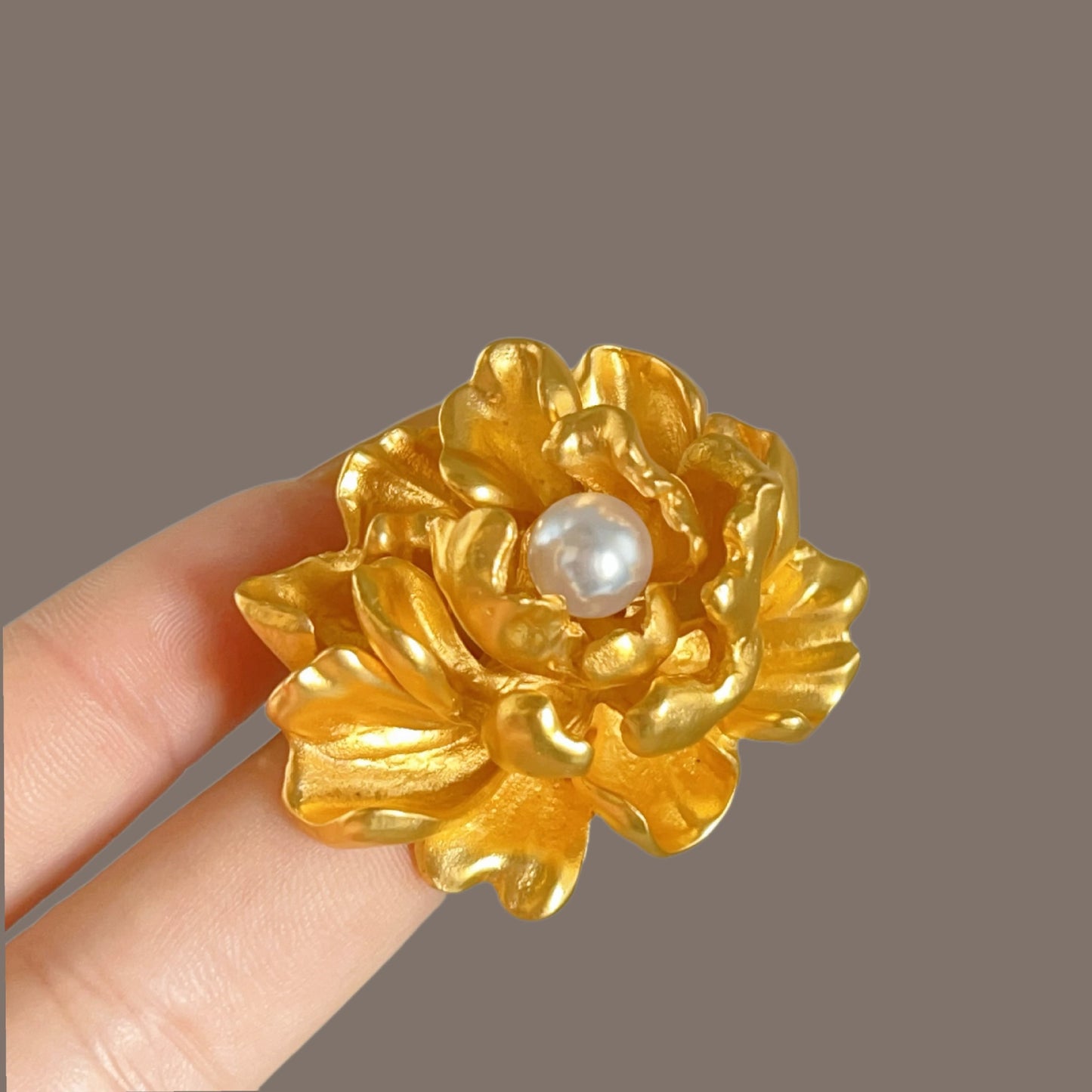 Gold Peony Brooch For Women With Pearl Decoration, Shirt Accessory, Floral Design Jewelry Brooch