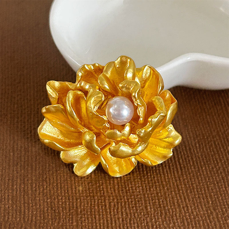 Gold Peony Brooch For Women With Pearl Decoration, Shirt Accessory, Floral Design Jewelry Brooch