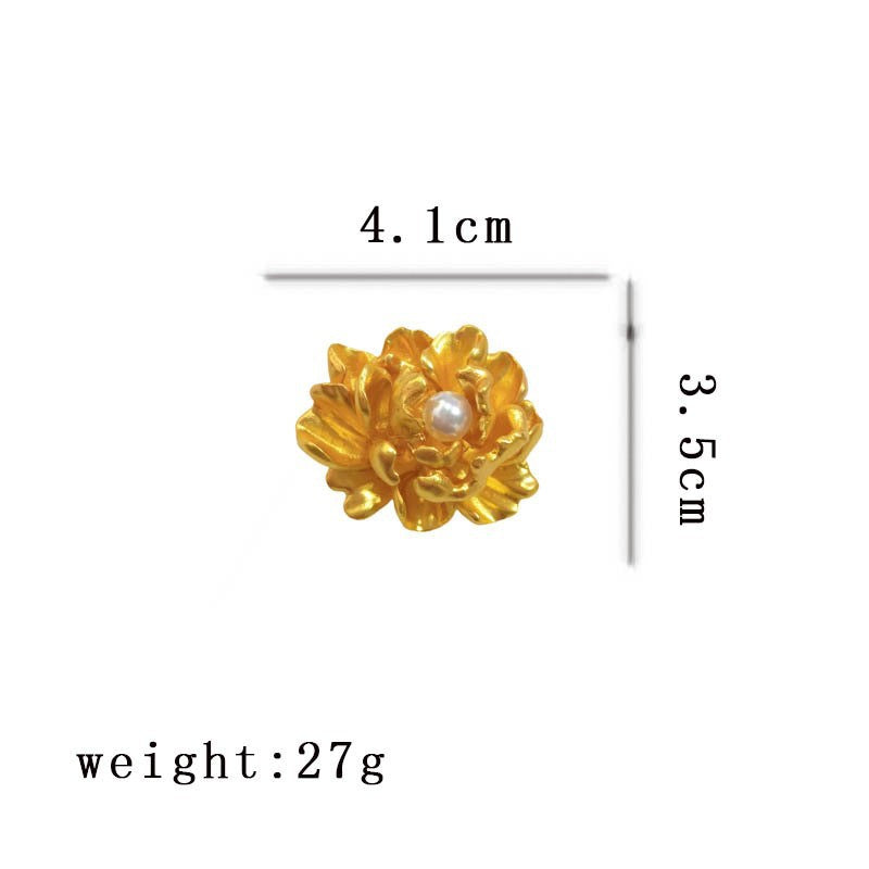 Gold Peony Brooch For Women With Pearl Decoration, Shirt Accessory, Floral Design Jewelry Brooch