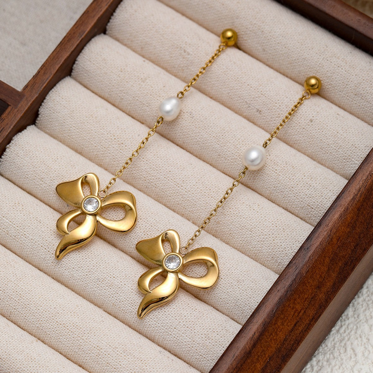Rose Gold Bow Necklace And Earrings Set For Girls Stainless Steel Clavicle Chain Jewelry Accessories