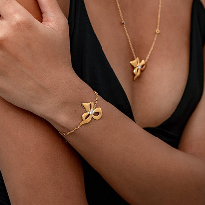 Rose Gold Bow Necklace And Earrings Set For Girls Stainless Steel Clavicle Chain Jewelry Accessories