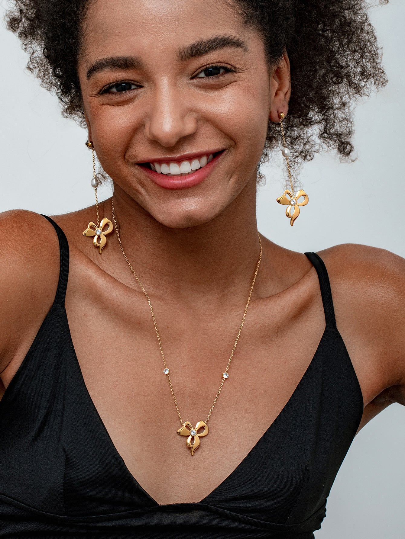 Rose Gold Bow Necklace And Earrings Set For Girls Stainless Steel Clavicle Chain Jewelry Accessories